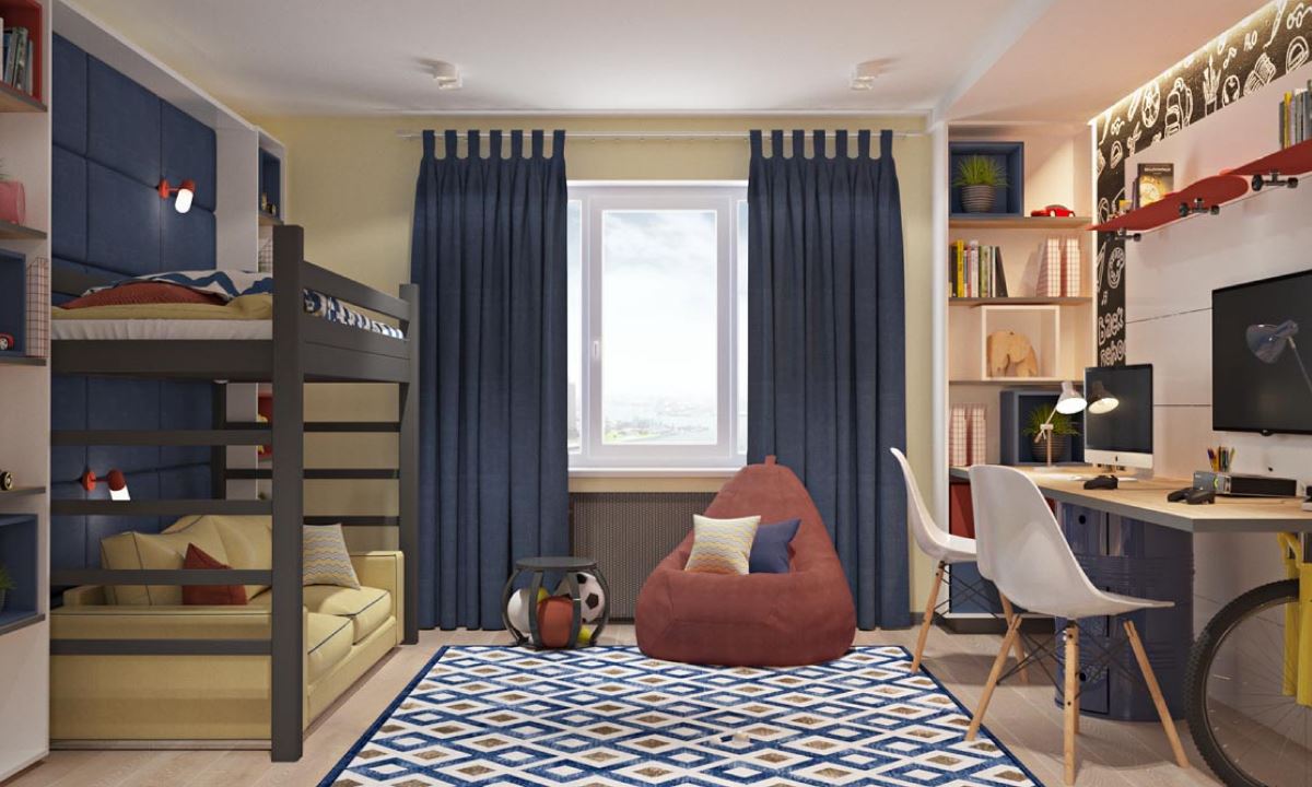 رنگبندی آبی فرش و دکور اتاق مشترک دختر و پسر